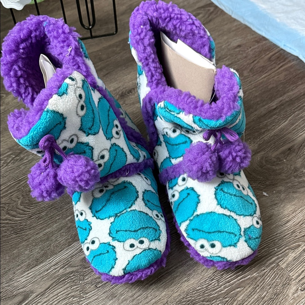 Cookie Monster Purple and Blue Fuzzy Slippers